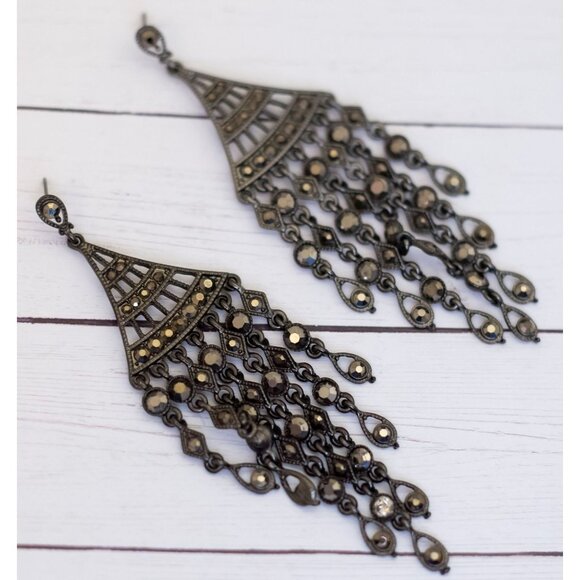 Vintage Multi Tassel Chain Silver Tone Dangle Earrings - S34 - Picture 2 of 3